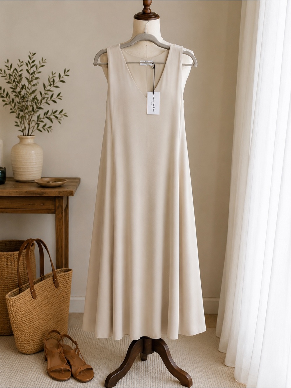 Nina Kendosa Paris Beige Maxi Dress Sleeveless V-Neck Made in Italy O/S NWT